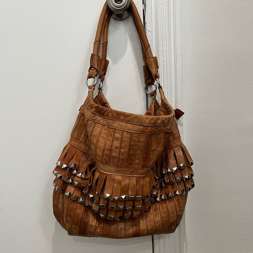 Amerileather Tan Leather Studded Tutu Hobo Handbag - Picture 3 of 9
